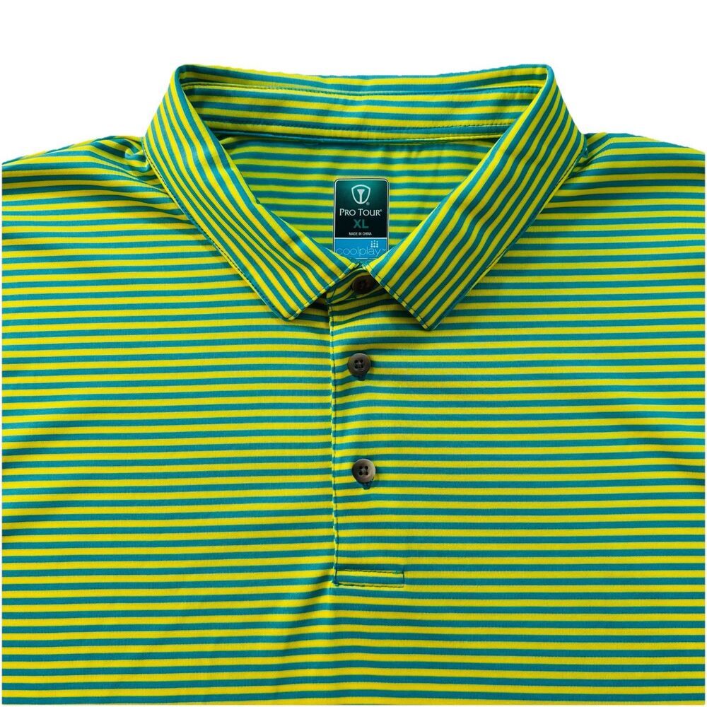 Pro Tour Polo Shirt Mens Extra Large Green Yellow Coolplay Golf Short Sleeve